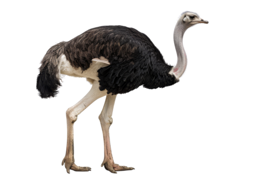 A high-resolution image of an ostrich standing on a white background, showcasing its distinctive features and natural beauty.