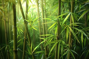 Serene bamboo forest scene with sunlight filtering through lush green leaves, creating a peaceful and tranquil atmosphere.