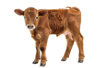 Adorable brown calf standing on white background. Young cow with curious expression, perfect for agricultural and animal-themed projects.