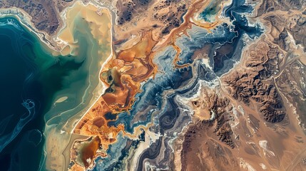Fototapeta premium Elton Lake, found in Russia's Volgograd Oblast, is a vast salt lake with various minerals. From above, the lake's parched soil can be seen.