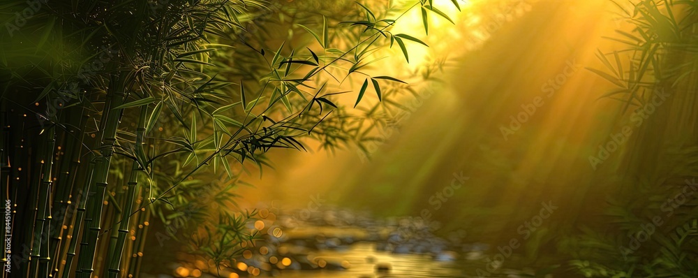 Poster sunlight filters through bamboo leaves in a serene forest creek setting, creating a tranquil and pea
