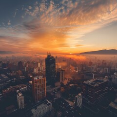 a city skyline with a beautiful sunrise