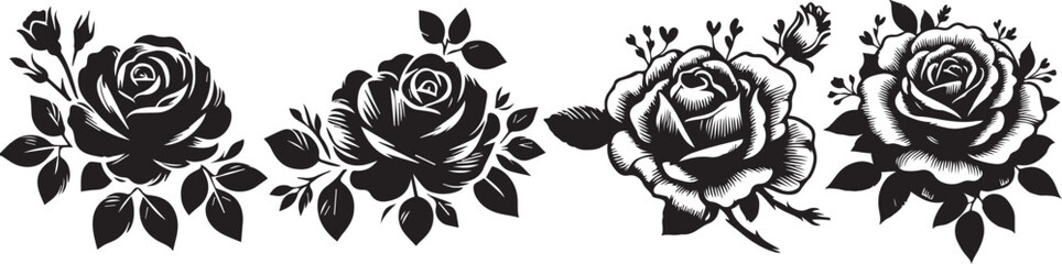Black and White Rose Design - Detailed Floral Illustration with Leaves Elegant Botanical Art, Black Silhouette Rose.