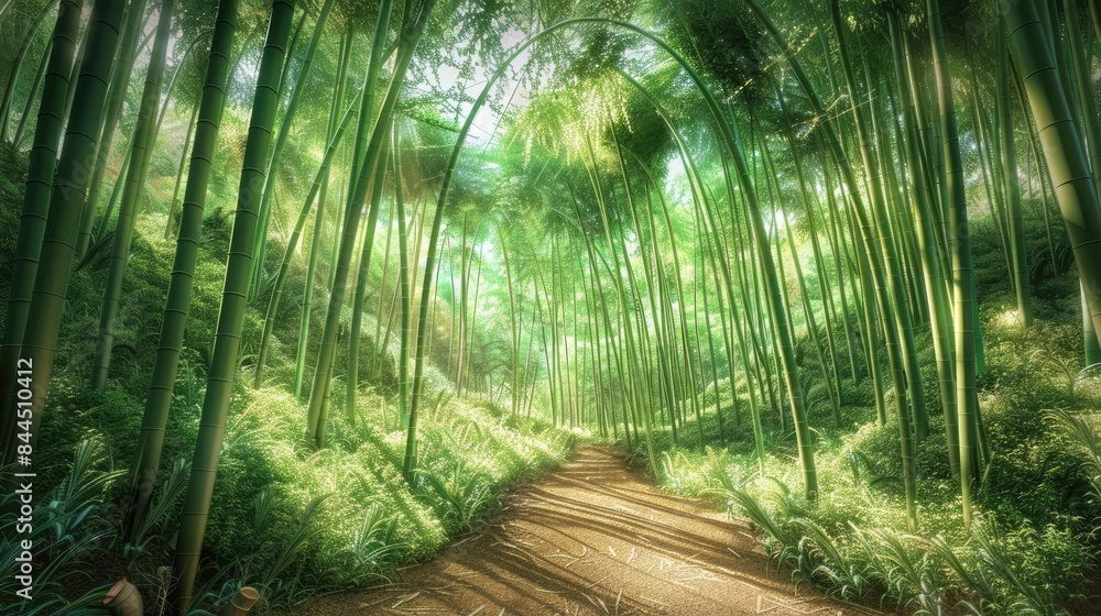 Poster serene bamboo forest path with sunlight filtering through lush green trees, creating a tranquil natu