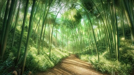 Serene bamboo forest path with sunlight filtering through lush green trees, creating a tranquil natural atmosphere for relaxation and exploration.