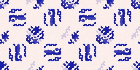 Faded electric blue glitch geo washed effect seamless border. Indigo dye grungy blotched distress abstract ribbon texture repeat. 
