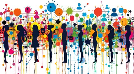 A vibrant abstract illustration featuring silhouettes of people connected by a network of colorful circles