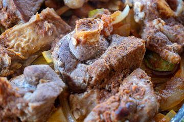Meat vegetables tray  cooked in oven on wooden background  with mock up space