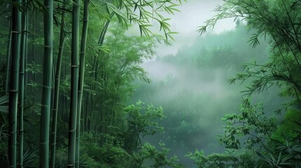 Obraz premium Lush green bamboo forest shrouded in mist, conveying a sense of tranquility and natural beauty. Perfect for nature and meditation themes.