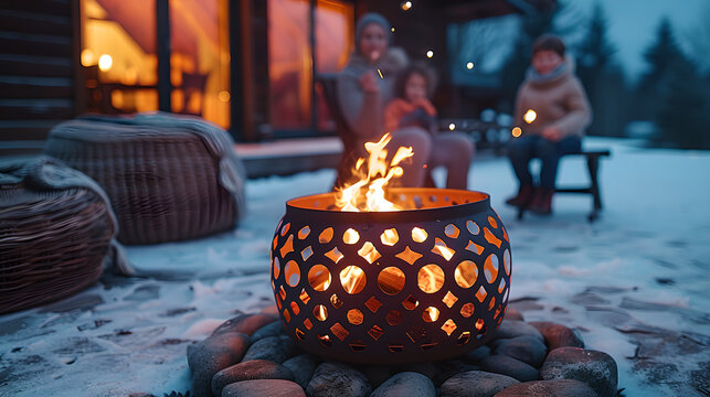 Outdoor cozy winter scene with firepit surrounded by people