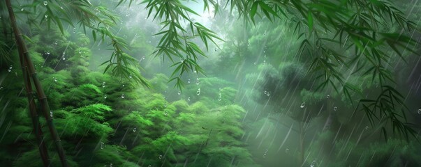 Serene bamboo forest with lush greenery, mist, and sunlight filtering through leaves, creating a peaceful, natural atmosphere.