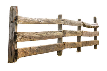Close-up of an old, rustic wooden fence isolated on atransparent background, showing weathered texture and aged wood.