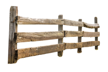 Close-up of an old, rustic wooden fence isolated on atransparent background, showing weathered texture and aged wood.