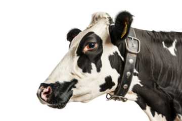 Close-up profile of a black and white cow with a collar, isolated on a white background. Agricultural and farm animal photography.
