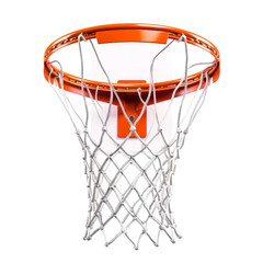 Close-up shot of a basketball hoop with net, isolated on white background. Ideal for sports, recreation, and teamwork related projects.