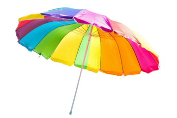 Colorful beach umbrella with vibrant rainbow stripes, perfect for shade and summer fun. Ideal for outdoor activities and sun protection.