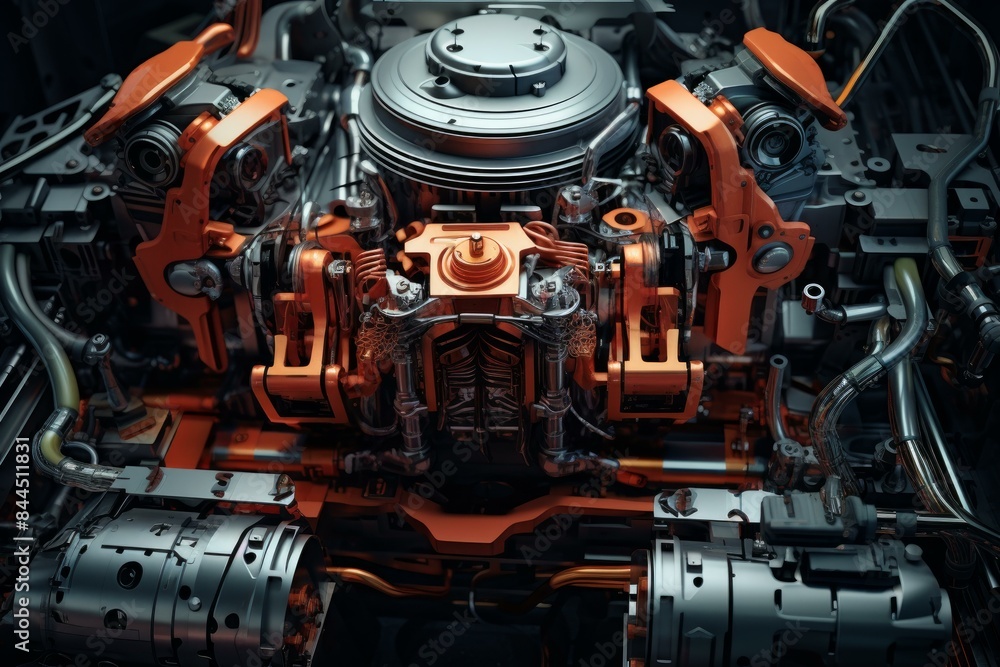 Poster high-resolution image capturing the complex inner workings of a futuristic engine design