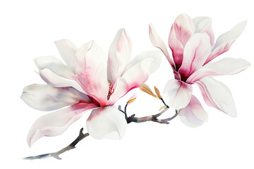 Obraz premium Elegant watercolor painting of magnolia flowers in bloom with delicate pink and white petals, perfect for decorative or botanical purposes.