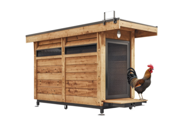 Modern wooden chicken coop with rooster standing at entrance, isolated transparent background.