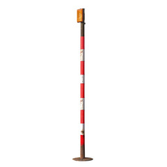 Fototapeta premium Vertical red and white striped barrier post with an orange reflector on top, used for road safety and traffic control.