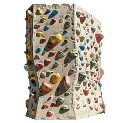 Vertical rock climbing wall with colorful holds, perfect for outdoor adventure and fitness training activities.