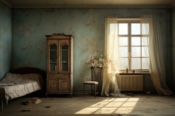 Cozy antique bedroom with natural light streaming through window, creating a warm ambiance