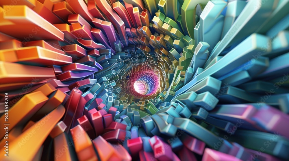 Poster digital generated image of abstract swirl pattern made out of multi colored cubic sticks.3d