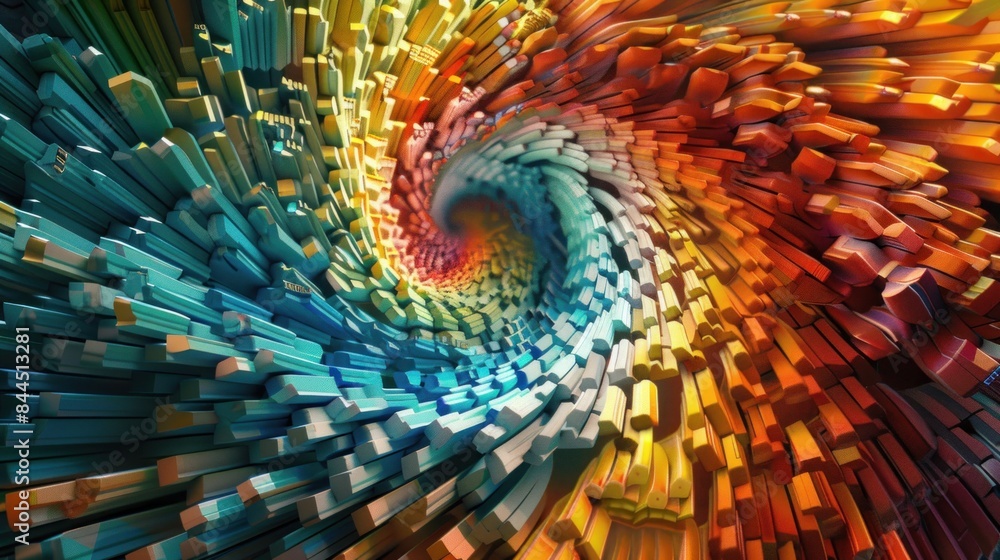 Poster digital generated image of abstract swirl pattern made out of multi colored cubic sticks.3d