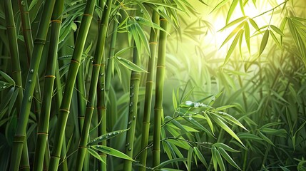 Serene bamboo forest with lush green leaves, captured in natural sunlight, showcasing tranquil beauty of nature and calm atmosphere.