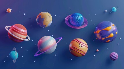 Eight cartoon 3D models of astronomical bodies on blue-purple background. Trendy futuristic backdrop for your design