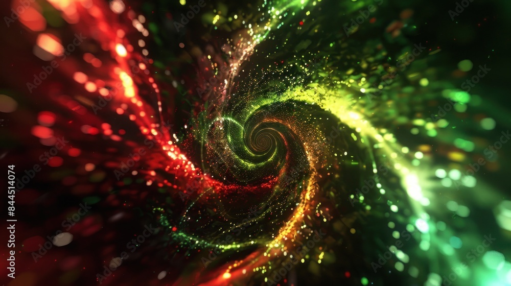 Poster vortex with flashes and flashes of green and red light on a black background