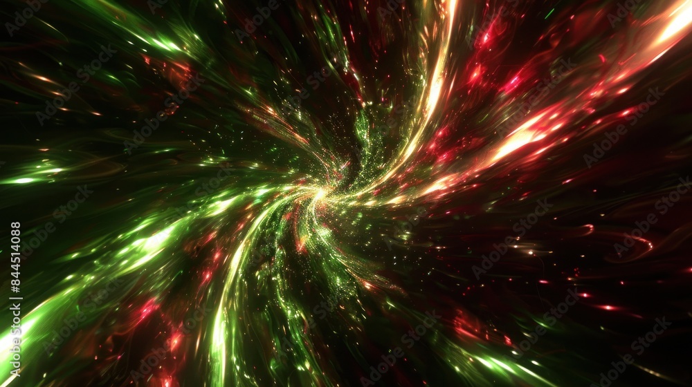 Poster vortex with flashes and flashes of green and red light on a black background