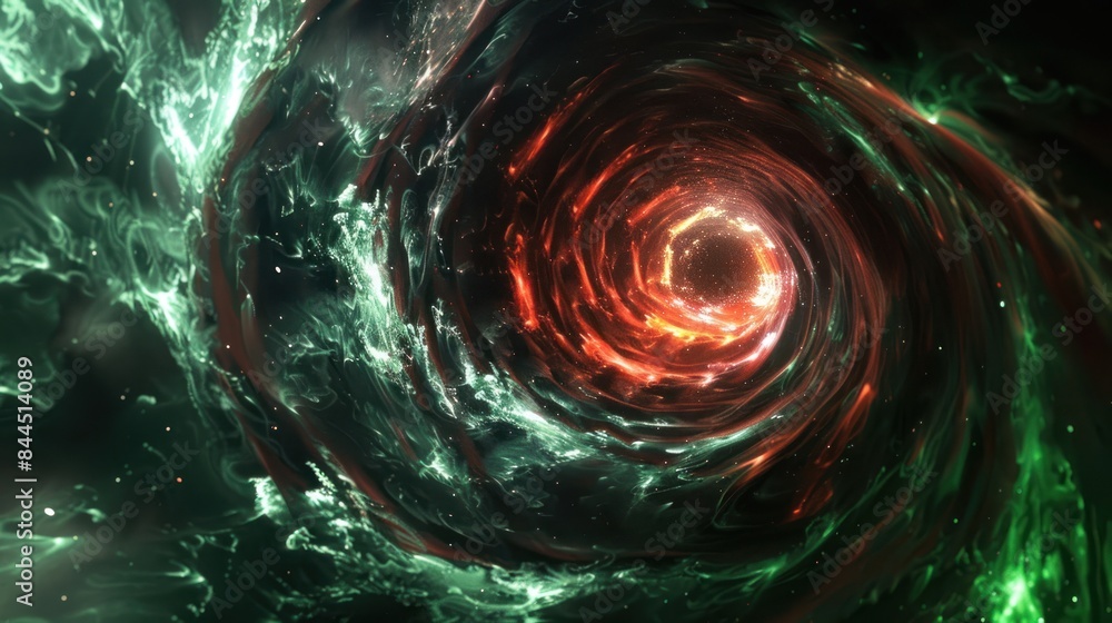 Poster vortex with flashes and flashes of green and red light on a black background