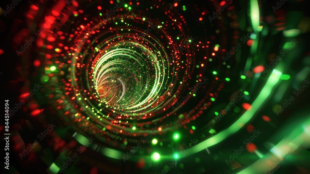 Poster vortex with flashes and flashes of green and red light on a black background
