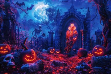Fototapeta premium Spooky Halloween scene with glowing jack-o'-lanterns, bats, and eerie moonlit atmosphere in a haunted cemetery.