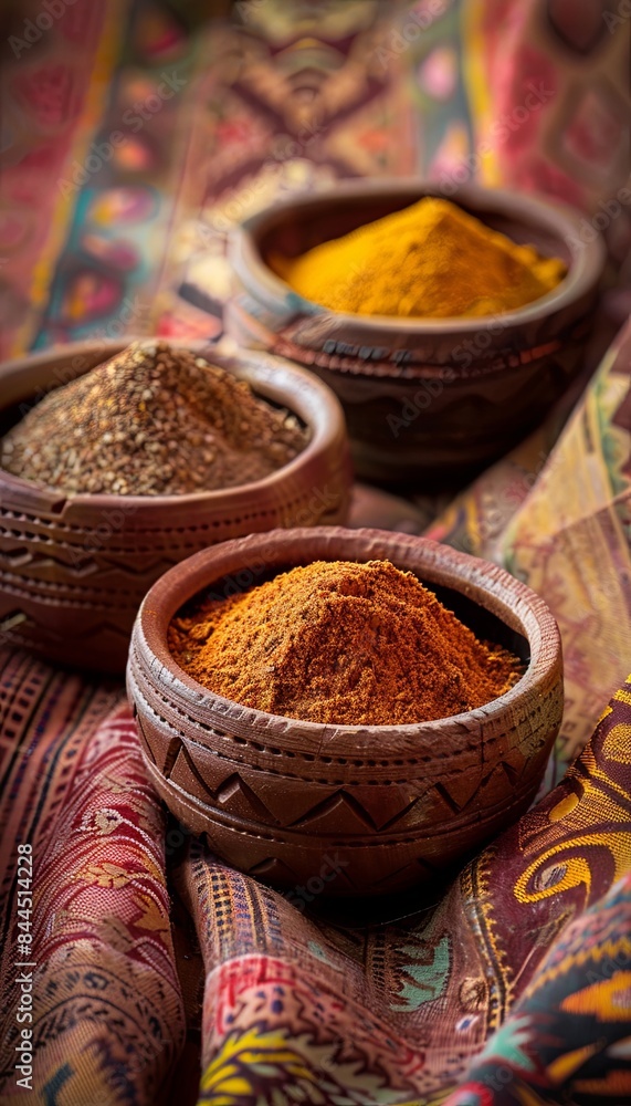 Poster a close-up of traditional moroccan spices arranged in clay bowls, displayed on a colorful fabric bac
