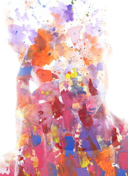 A colorful paintography portrait silhouette of a man on a white background