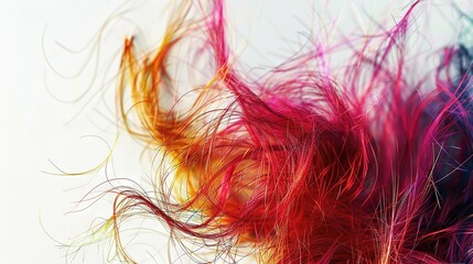   A close-up of multi-colored hair in shades of red, orange, yellow, and blue