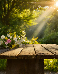 Fototapeta premium wooden desk with free space, under the dappled sunlight of a summer afternoon with trees and flowers