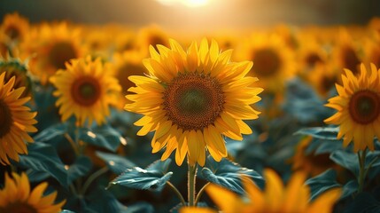 Obraz premium A vast sunflower meadow bathed in sunlight with leaves in focus