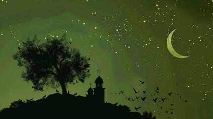 Naklejka premium silhouetted Muslim church silhouetted tree and bird