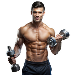 Naklejka na ściany i meble Muscular man lifting dumbbells on transparent background