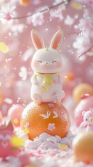 A cute white rabbit sitting on top of an orange