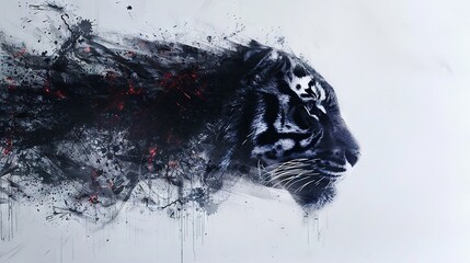   A monochromatic painting of a tiger's face with splattered black and white paint