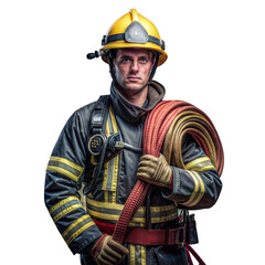 Portrait of a firefighter in uniform with fire hose on transparent background