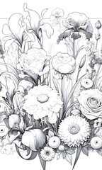 バラやスミレ　色とりどりの花　塗り絵（初中級）