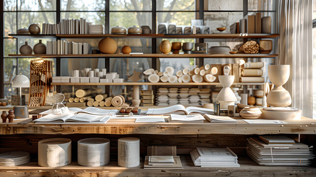 Wooden shelves with various ceramics and books