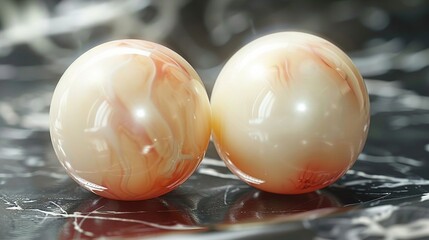 Naklejka premium Close-up of two marbled eggs on a marbled surface with a red and white swirl on one egg