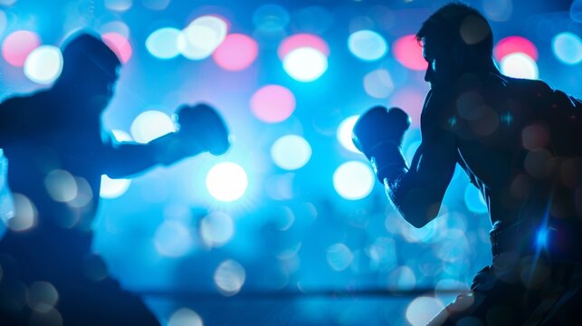 Defocused silhouettes of boxers their intense expressions and flying sweat frozen in time against a blurry backdrop of bright stadium lights. .