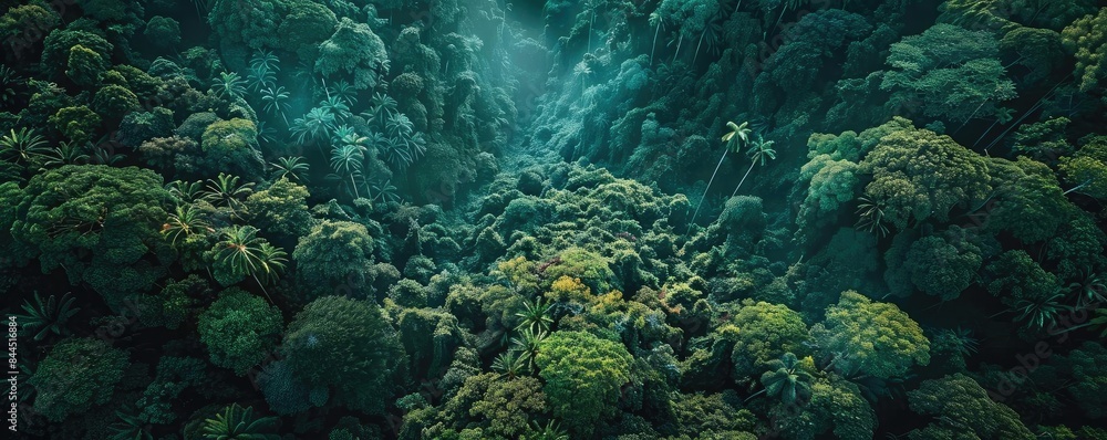 Wall mural a breathtaking aerial view of a lush tropical rainforest with dense foliage and mist, capturing the  - Wall murals